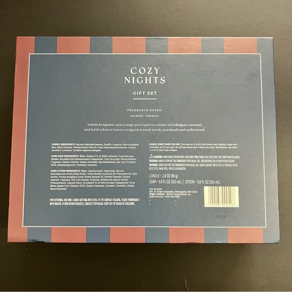 Cozy Nights Gift Set - Hand Soap, Candle & Hand Lotion - Caramel & Tobacco Scent